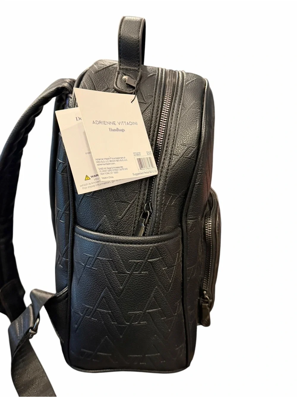 ADRIENNE Vittadini BLACK BACKPACK Debossed Logo Style NEW $210 Medium Travel